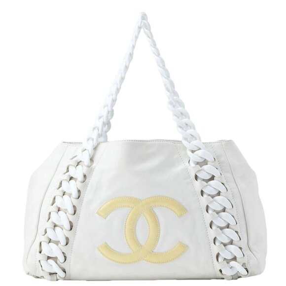 Authentic CHANEL CC Vintage Tote Purse Shoulder Bag Lambskin Leather Beige White